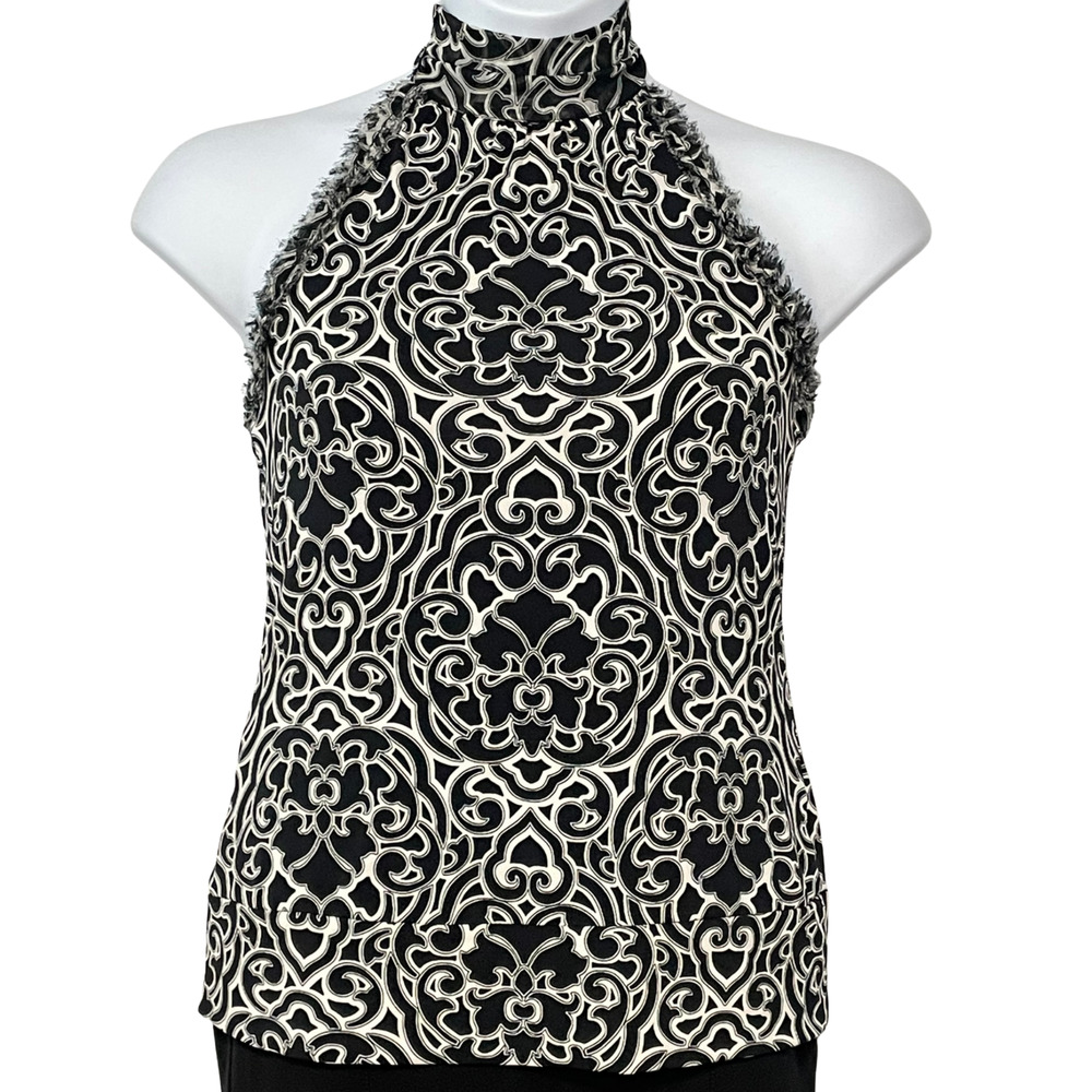 WHBM Sz L Sleeveless Blouse Halter Top Tie Neck B/W Baroque Print Jersey Knit